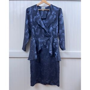 Apostrophe Vtg Peplum Dress 80s Floral Blue Brocade Cocktail Chic Professional